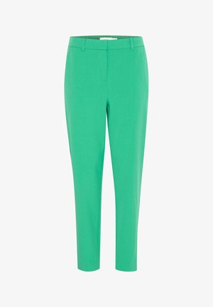 Zelené kalhoty na míru se rovný střih, vyrobené z lehkého materiálu. Mají plochý přední díl, poutka na opasek a hladkou strukturu.