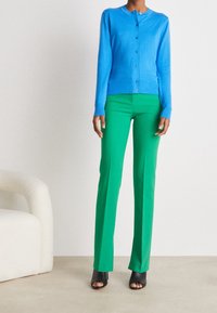 Blå stickad cardigan med rund halsringning och knäppning, matchad med gröna skräddarsydda byxor och svarta öppen-tå skor.