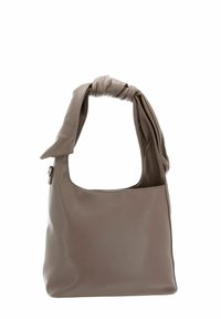 Sac à main en cuir, couleur taupe, avec une bandoulière nouée. Présente une texture lisse et une forme rectangulaire. Extérieur sobre.