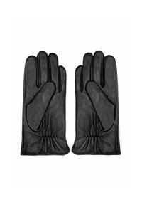 Czarne skórzane rękawiczki o gładkiej teksturze, zaprojektowane na cztery palce i kciuk, z elastycznymi otworami na nadgarstki zapewniającymi dopasowanie.