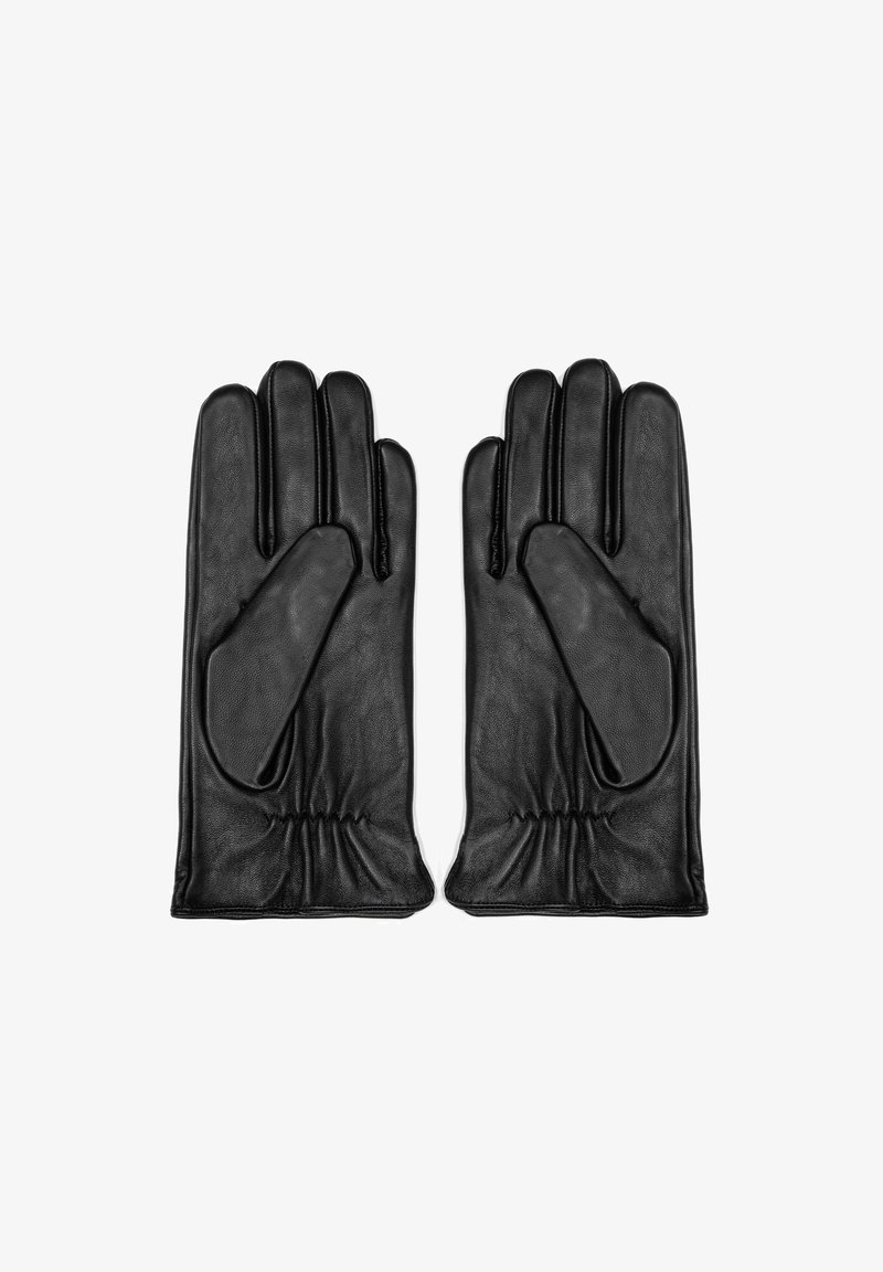 Czarne skórzane rękawiczki o gładkiej teksturze, zaprojektowane na cztery palce i kciuk, z elastycznymi otworami na nadgarstki zapewniającymi dopasowanie.