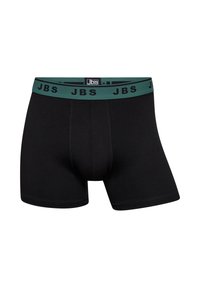 Schwarze Baumwoll-Boxershorts mit einem türkisfarbenen Bund, der mit schwarzem "JBS"-Branding versehen ist. Dehnbare Stoffqualität, enganliegendes Design und Flachnähte.