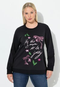 Sudadera negra con un diseño gráfico festivo que presenta lazos rosas, estrellas y texto. Fabricada con un tejido suave y liso con puños acanalados.
