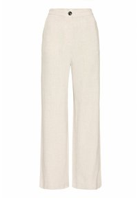 Pantaloni larghi beige chiaro realizzati in lino. Presentano una chiusura frontale con bottone, una texture liscia e dettagli di cucitura minimi.