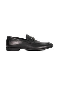 Black leather loafers with a smooth texture, structured design, elongated shape, and decorative silver-tone hardware on the vamp.