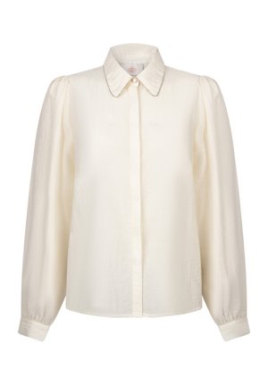 Cream-colored long-sleeve blouse with a button-down front, a Peter Pan collar, and gathered shoulder detail. Smooth, lightweight fabric.