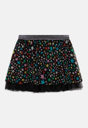 Jupe en tulle noir avec des motifs d'étoiles multicolores, dotée d'une ceinture scintillante et d'un design superposé avec une doublure douce.