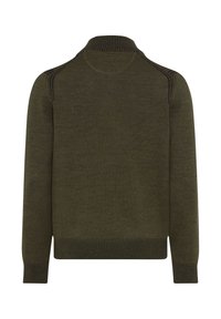 Olivgrüner Strickpullover mit hohem Kragen, gerippten Bündchen und Saum. Verfügt über eine glatte Textur und subtile Schulterdetails.