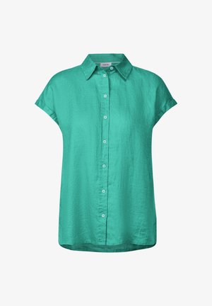Turkis kortærmet skjorte lavet af letvægtsstof med knaplukning fortil, spids krave og let buet fald.