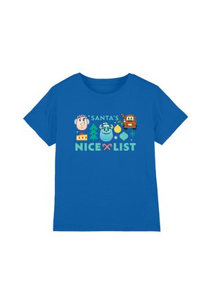 Blaues Baumwoll-T-Shirt mit Cartoonfiguren, weihnachtlichen Grafiken und dem Text "SANTAS NETTE LISTE" in Grün und Rot.