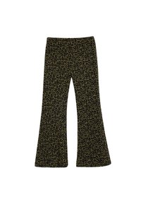 Pantalones acampanados en negro y verde con un patrón de estampado de leopardo, confeccionados con una tela suave y elástica para mayor comodidad y ajuste.