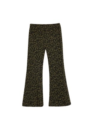 Zwarte en groene flared broek met een luipaardprint, gemaakt van een zachte, rekbare stof voor comfort en een goede pasvorm.