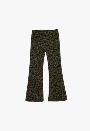 Zwarte en groene flared broek met een luipaardprint, gemaakt van een zachte, rekbare stof voor comfort en een goede pasvorm.