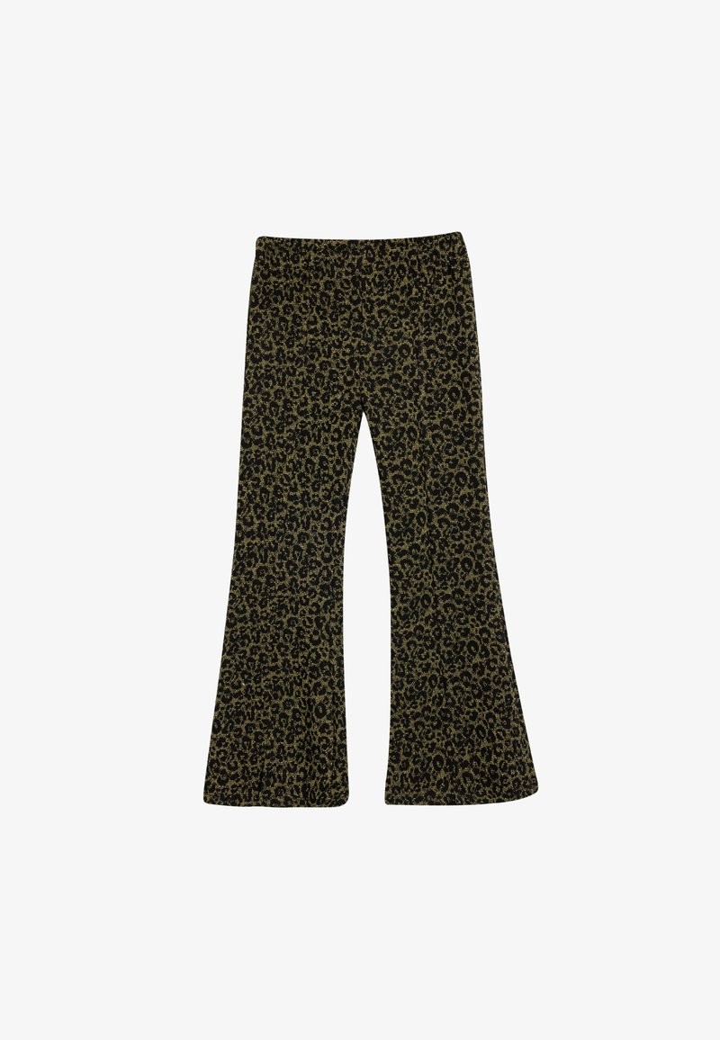 Zwarte en groene flared broek met een luipaardprint, gemaakt van een zachte, rekbare stof voor comfort en een goede pasvorm.