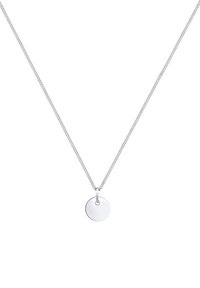 Silver necklace featuring a thin chain and a small circular pendant with a smooth surface. The pendant is suspended from a loop connector.