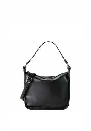 Bolso de hombro de cuero negro con textura, correa ajustable y hebilla plateada, forma rectangular simple sobre fondo blanco.
