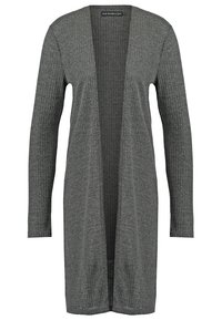 Cardigan long gris en tricot côtelé ; design à l'avant ouvert, manches longues et coupe droite. Texturé avec des lignes verticales.