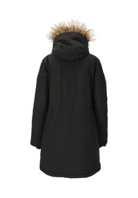 Zwarte parka jack met een met bont gevoerde capuchon, elastische tailleband en lange mouwen. Gladde textuur met een ontwerp dat tot halverwege de dij reikt.