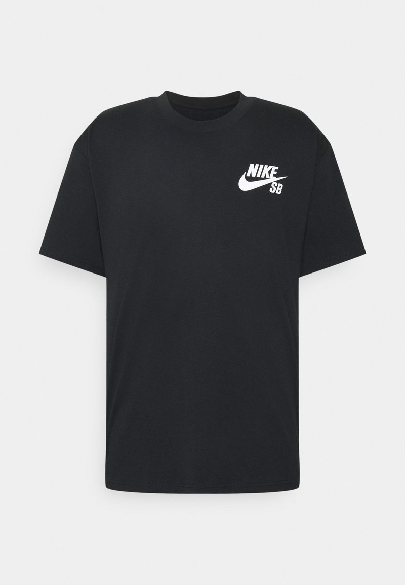 Camiseta de algodón negra con mangas cortas y cuello redondo, que presenta un logotipo blanco de Nike SB impreso en el lado izquierdo del pecho.