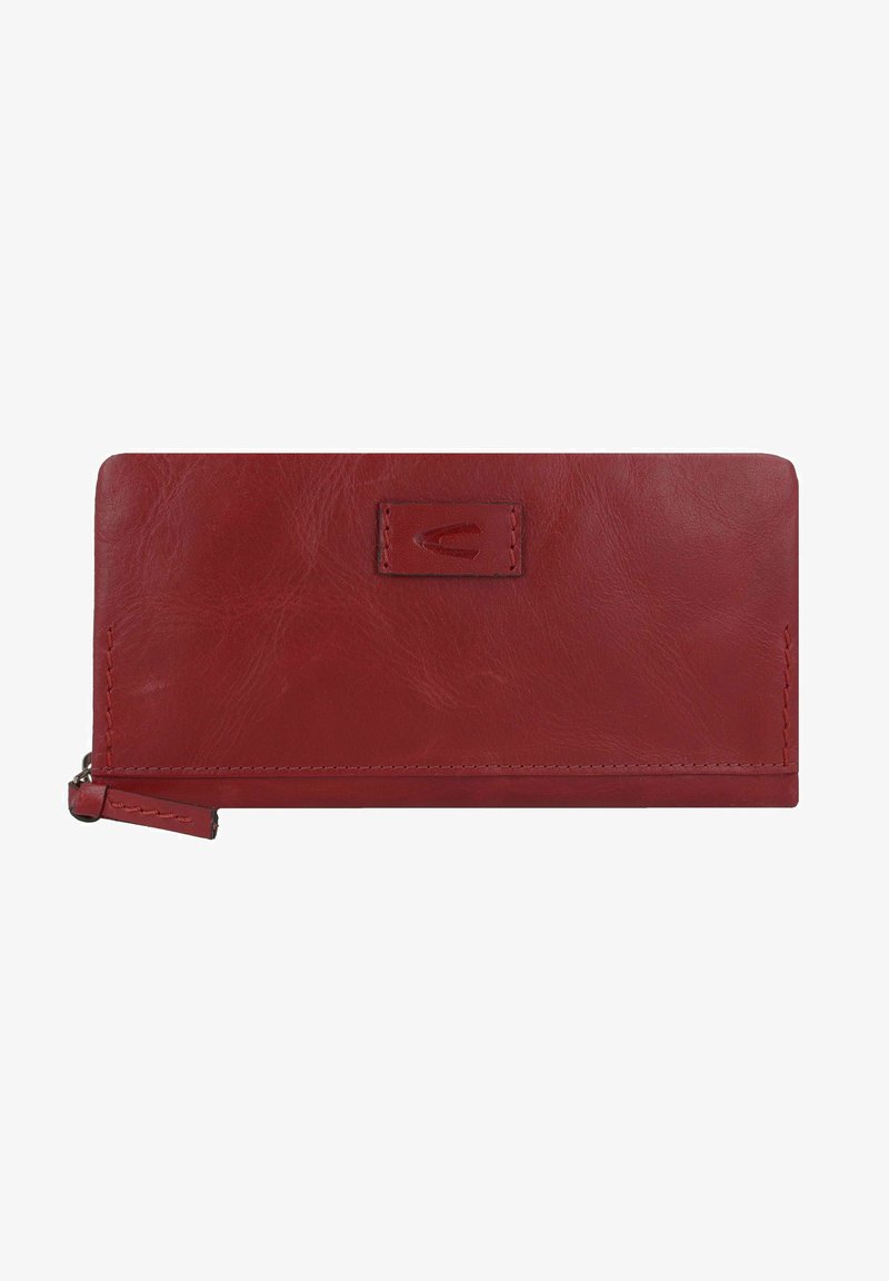 Red leather wallet with a smooth texture, rectangular shape, subtle stitching, and a small zipper pull on the side. Decorative logo patch.