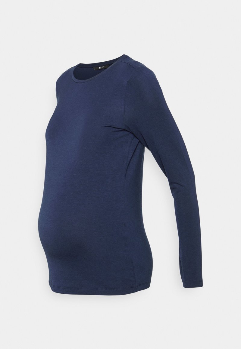 T-Shirt de maternidade de mangas longas em azul escuro. Textura suave, decote redondo, corte ajustado com elasticidade para conforto, concebido para uma barriga em crescimento.