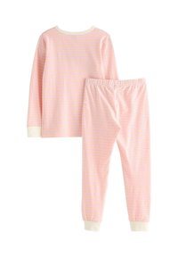 Lehký pyžamový set s růžovými a žlutými pruhy, který obsahuje dlouhý rukáv s kulatým výstřihem a odpovídající kalhoty s elastickým pasem.