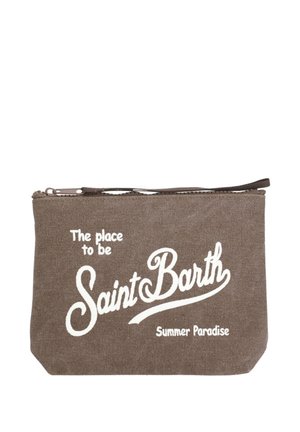 Sacchetto in tessuto marrone con cerniera, stampato con il testo bianco "The place to be Saint Barth Summer Paradise" sul lato anteriore.