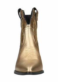 Golden metallic ankle boots with pointed toes, decorative stitching, and cut-out side panels. Black inner lining and flat soles.