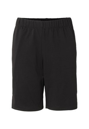 Fekete elasztikus derékpántú rövidnadrág egyszerű, sima kialakítással és térdig érő szabással, fehér háttér előtt.