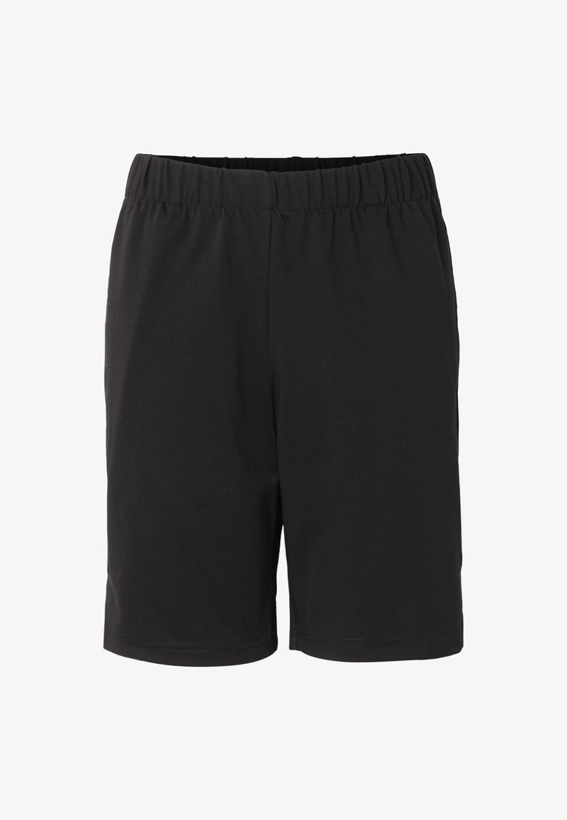 Shorts à taille élastique noire avec un design simple et épuré et une coupe longueur genou sur fond blanc.