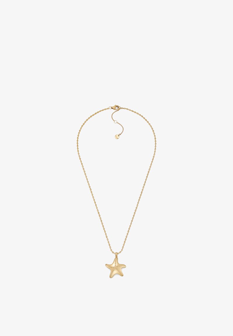 Collier plaqué or avec pendentif étoile de mer texturé, doté d'une chaîne délicate et d'une longueur ajustable avec une fermeture à mousqueton.
