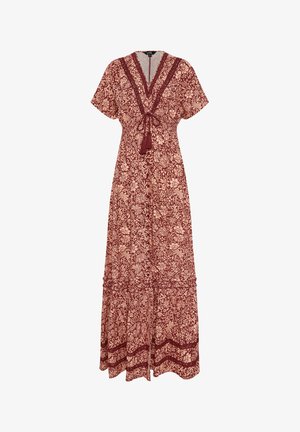 Maxikleid mit kurzen Ärmeln, tiefem V-Ausschnitt, weinrotem Blumenmuster auf Beige, tailliert mit Quastenbindung und gestuftem Saum mit Spitzenbesatz.