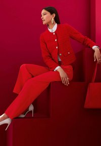 Rote Tweedjacke mit silbernen Knöpfen, kombiniert mit passenden roten Hosen. Darunter eine weiße Bluse und weiße High Heels. Accessoire: rote Tasche.