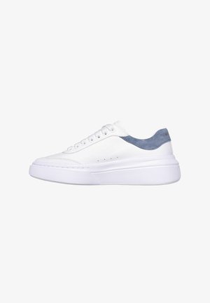 Witte sneaker met een glad leren bovenwerk, lichtblauwe suede hakaccent, platte veters, ronde neus en chunky witte rubberen zool. Minimalistisch ontwerp.
