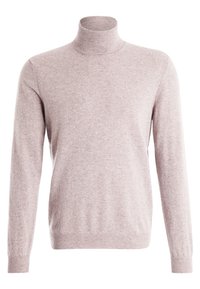 Ljusrosa polotröja i mjukt stickat material. Har långa ärmar, ribbad krage och fåll. Enkelt mönster utan ytterligare dekorationer.