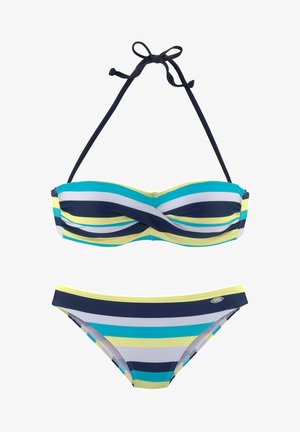 Gestreiftes Bikini-Set mit einem Bandeau-Top mit gedrehtem Vorderteil und Bändern in Blau, Gelb und Weiß. Der Slip hat einen klassischen Schnitt.