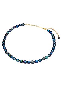 Necklace featuring uneven dark blue and green pearls on a gold chain, with an adjustable clasp and a small pearl accent.