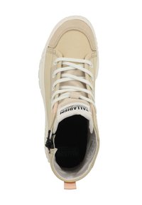 High-top sneaker in light beige canvas with white laces, black inner lining, pull tab, and zipper detail on the side.