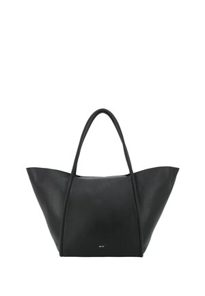 Black leather tote bag with two long handles and a small gold brand logo centered near the bottom front panel.