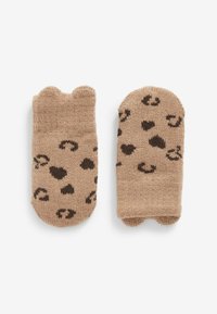 Hellbraune gestrickte Fäustlinge mit offenen Fingerspitzen, die ein Leopardenmuster in Dunkelbraun aufweisen. Abgerundete Oberseite und weiche Textur.