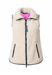 Beige Fleeceweste mit hohem Kragen, schwarzem Reißverschluss und seitlichen Taschen. Das Innenfutter ist in leuchtendem Pink gehalten. Saubere Kanten und strukturierter Stoff.