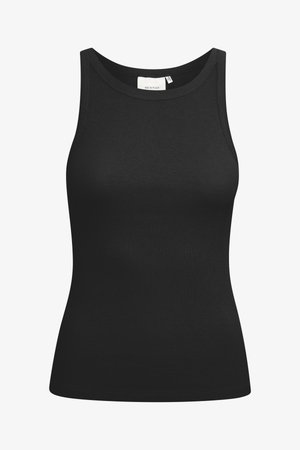 Fekete trikó bordázott anyagból, kerek nyakkivágással és testhezálló fazonnal. Lapos varrások és díszítés nélküli. Egyszerű és letisztult dizájn.