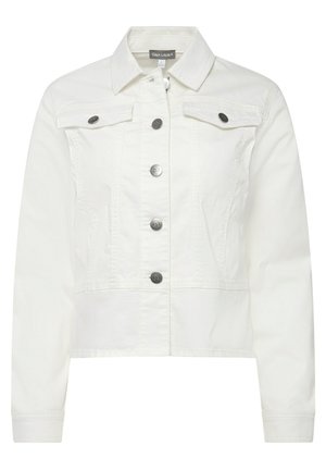 Bílá džínsová bunda s límcem, zapínáním na knoflíky a dvěma náprsními kapsami. Obsahuje černé kovové knoflíky a prošité detaily na látce.