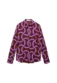 Camicia button-up color bordeaux con motivo geometrico a spirale in viola e bianco; maniche lunghe, colletto e una texture di tessuto liscia.