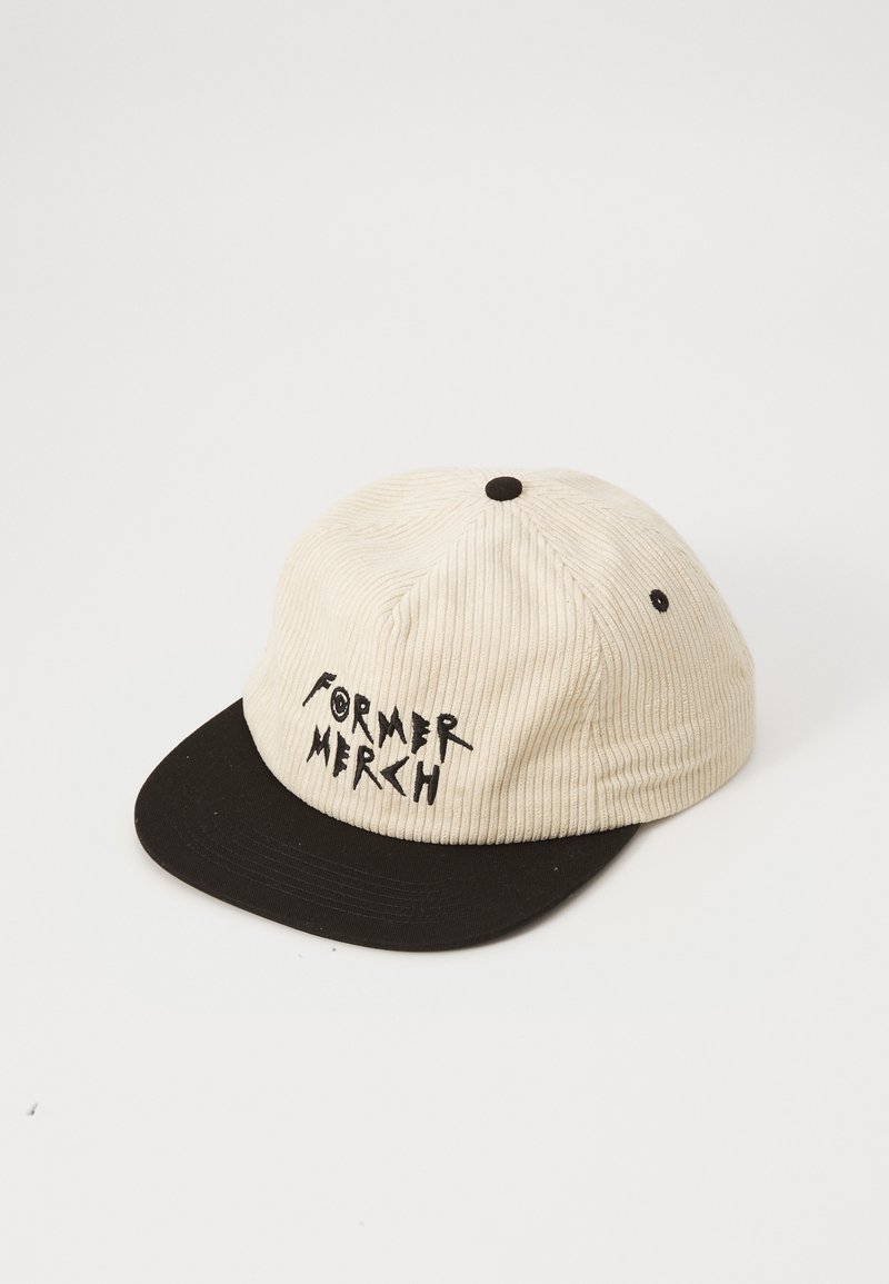 Beige corduroy cap with a black brim, featuring black embroidered text "FORMER MERCH" on the front. Contains a button on top.