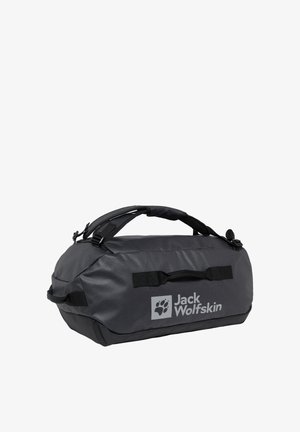 Donkere grijze sporttas met een gestructureerde afwerking en zwarte accenten. Bevat een gevoerde handgreep, schouderband en bedrukt logo aan de zijkant.