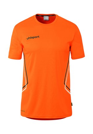 Hellorange kurzärmeliges Sportshirt mit schwarz-weißen Seitenstreifen und "uhlsport"-Logo auf der Brust.