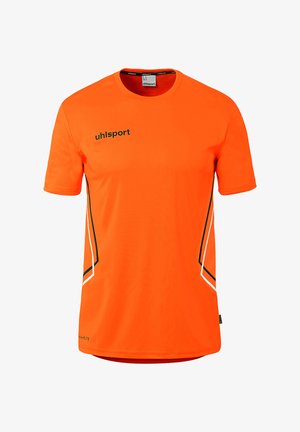 Hellorange kurzärmeliges Sportshirt mit schwarz-weißen Seitenstreifen und "uhlsport"-Logo auf der Brust.