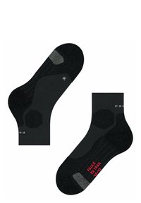 Calzini neri alla caviglia con sezioni imbottite, dettagli testurizzati e talloni rinforzati. Presentano l'indicatore 'R' e il logo rosso 'FALKE RUN TRAIL'.