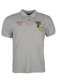Szara koszulka polo wykonana z mieszanki bawełny, z kołnierzykiem, dwoma guzikami oraz haftowanymi akcentami, w tym "Top Gun" i "TG" w kontrastujących kolorach.